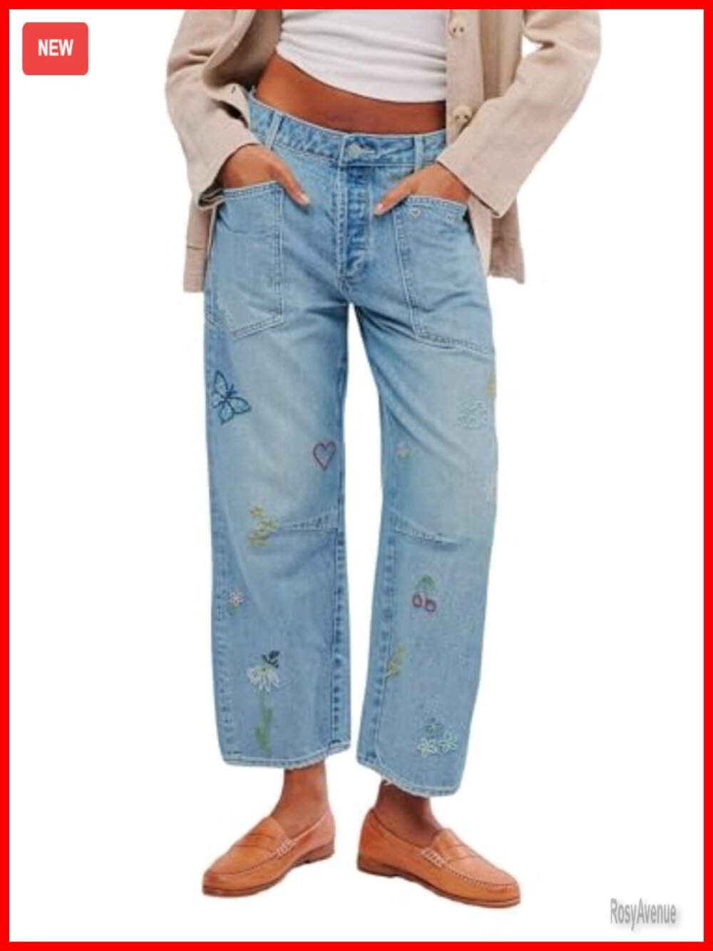 Embroidered Barrel Jeans High Rise Wide Leg Stretch Boyfriend Denim